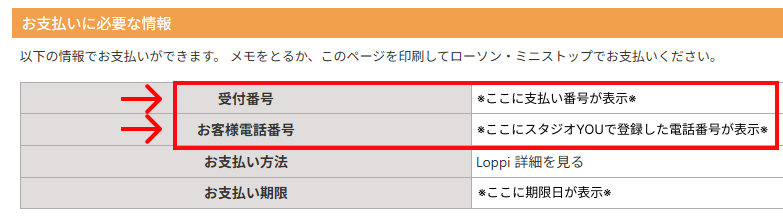 ローソン・ミニストップでの支払い(Loppi)に必要な情報の案内画面。受付番号、お客様電話番号、お支払い方法、お支払い期限の項目が並んだ表形式のサンプル画像